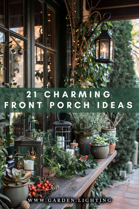 a close up of a table with plants and lanterns on it Small Porch Styling, Front Small Garden Ideas, Sunny Porch Plants, Elegant Porch Ideas, Eclectic Front Porch Ideas, Front Patio Decorating Ideas Curb Appeal, Comfy Porch Ideas, Garden Wreath Ideas, Inviting Front Porch Ideas