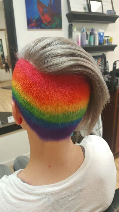 Rainbow Undercut Hair, Rainbow Buzzcut, Rainbow Undercut, Rainbow Pixie Hair, Rainbow Dyed Hair, Alien Hair, Short Rainbow Hair, Dyed Hairstyles, Queer Hair