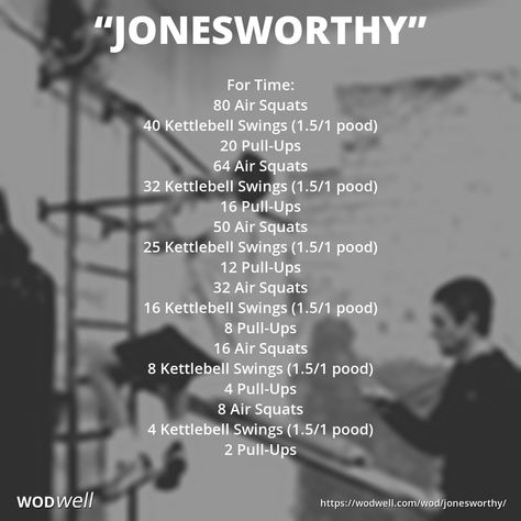 "Jonesworthy" is apparently a tribute to the infamous "Gym Jones" (Salt Lake City, UT). "The reason the bodyweight squats are combined with the KB swing is to 'season the meat,' as we say at Gym Jones. It essentially means that when the legs are tired you must explode with your hips or the KB won't move." - Mark T.  This workout was first posted on the CrossFit Main Site as the workout of the day for Friday, December 3, 2004 (041203). Crossfit Legs, Crossfit Workout Program, Partner Wod, 300 Spartans, Wods Crossfit, Crossfit Workouts Wod, Hero Wod, 300 Workout, Crossfit Workouts At Home