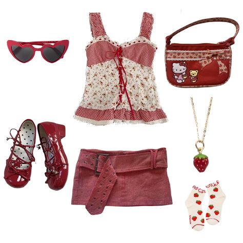 Lana Del Rey Red Outfits, Cottagecore Outfit Layout, Strawberry Coquette Outfit, Coquette Outfit Americana, Red Coquette Clothes, Cherry Style Outfit, Strawberry Cottagecore Outfit, Vintage Americana Coquette Outfit, Cherry Outfits Ideas