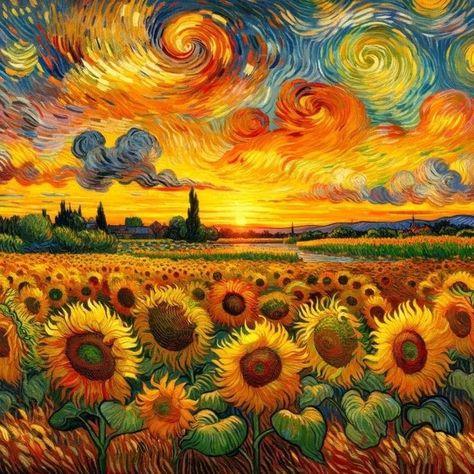 Girasoles Van Gogh, Abstract Sunflower Painting, Van Gogh Inspired Art, Sunflower Landscape, Diamond Art Diy, Art Kits For Adults, Diamond Dots, Starry Night Art, Whimsical Art Paintings