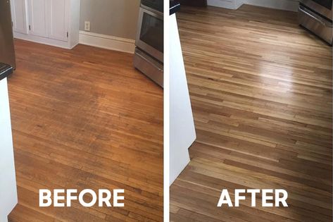 Hardwood floor refinishing in kitchen - before and after Hardwood Floor Stain Colors, Oak Floor Stains, Floor Stain Colors, Staining Wood Floors, Wood Floor Stain Colors, Walnut Wood Floors, Wood Floor Finishes, Refinish Wood Floors, Old Wood Floors