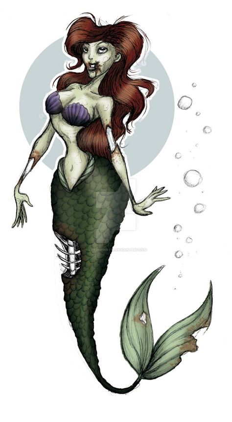 Ariel [as a mermaid - as a zombie] (As Monsters by LaTaupinette @deviantART) #TheLittleMermaid Zombie Mermaid, Japanese Horror Movies, Zombie Princess, Mermaid Drawing, Alternative Disney Princesses, Alternative Disney, New Disney Princesses, Disney Princess Fan Art, Zombie Disney