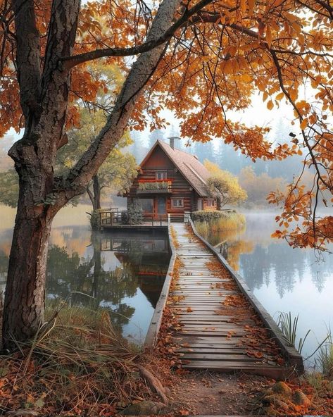 Cabin Wallpaper, Lakeside House, Architecture References, Wallpaper 2024, Cabin In The Mountains, Wooden Walkways, Shed To Tiny House, Lakeside Cabin, Autumn Lake