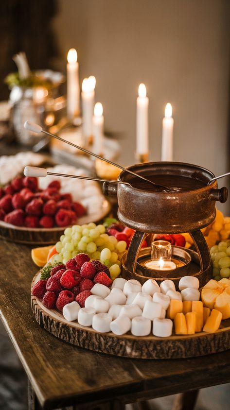 10+ Affordable Rustic Dessert Bar Ideas for A Sweet Wedding Fondue Wedding Bar, Wedding Table Decorations Western, Wedding Guest Dessert Ideas, Rustic Bohemian Wedding Ideas, Fun Wedding Snacks, Diy Wedding Snacks, Cookie Skillet Bar Wedding, Getting Ready Snacks Wedding, Food Wedding Centerpieces