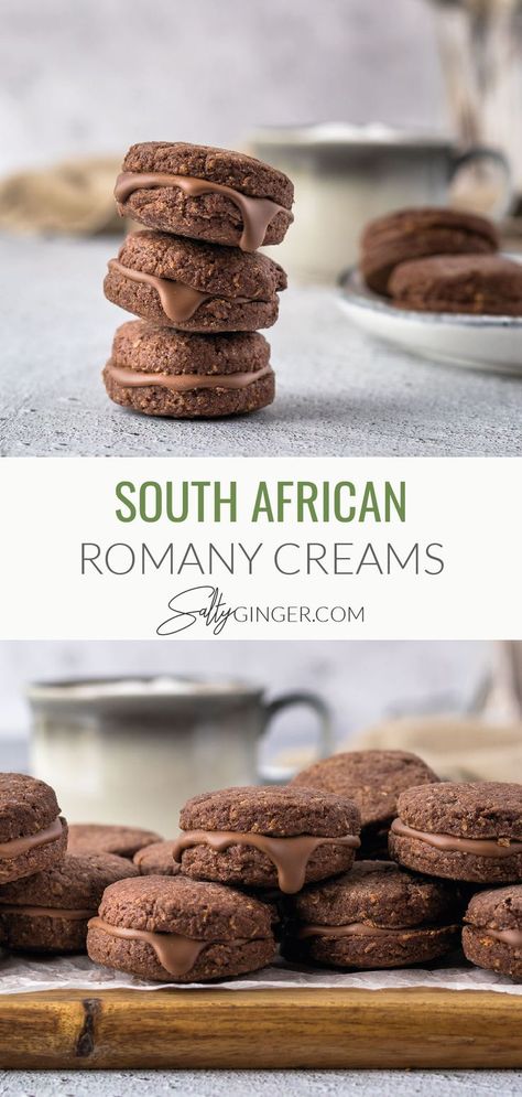 Top - stack of Romany Creams. Bottom - Platter of Romany Creams Essen, Kos, Chocolate Biscuit Recipe, South African Desserts, Coconut Biscuits, African Dessert, African Cooking, South African Recipes, Chocolate Coconut