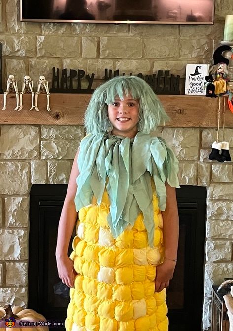 Vicky: My granddaughter is wearing the costume. She got the idea from the corn song and wanted me to make it. I cut different colors of yellow into squares. And sewed... Corn On The Cob Costume, Corn Cob Costume Diy, Mustard Costume Diy, Corn On The Cob Costume Diy, Corn Costume Diy, Corn Costume, Farmer Costume, Homemade Costume, Costume Works