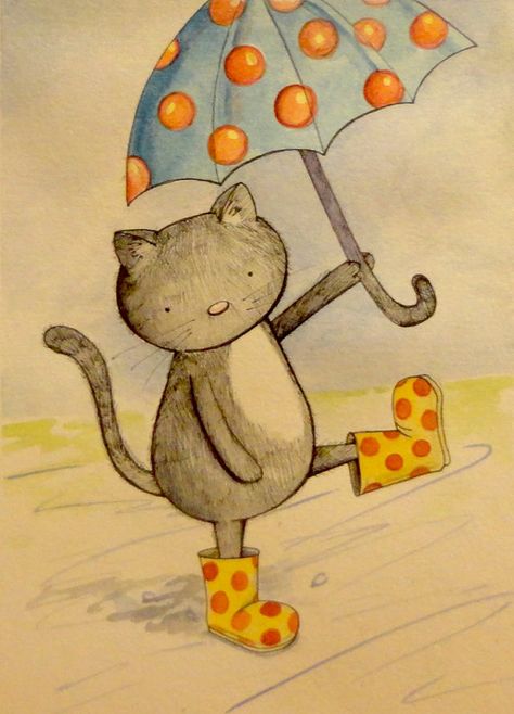 preparado para la lluvia, ilustración de Wendy Leach Rain Watercolor, Cat Dancing, Umbrella Art, Black And White Cat, Dancing Cat, Cats Illustration, Dancing In The Rain, Original Illustration, Cat Illustration