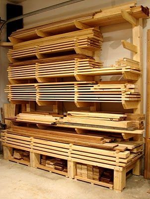 scrap wood rack / really like this but I would struggle to get wood off the top. Timber Storage, Lumber Storage Rack, Lumber Rack, Lumber Storage, Diy Platform Bed, Woodworking Shop Layout, The Family Handyman, Wood Rack, Into The Wood