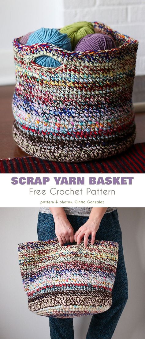 Scrap Yarn Basket, Yarn Scraps, Scrap Yarn Crochet, Crochet Basket Pattern Free, Crochet Storage Baskets, Yarn Basket, Crochet Storage, Scrap Yarn, Yarn Craft