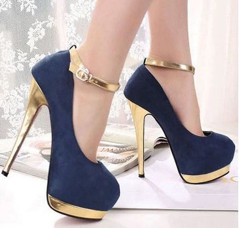 Royal Blue And Gold Heels, Blue And Gold Heels, Kasut Tumit Tinggi, Hak Tinggi, Trendy High Heels, Fancy Shoes, Bride Accessories, Girly Shoes, Graduation Ideas