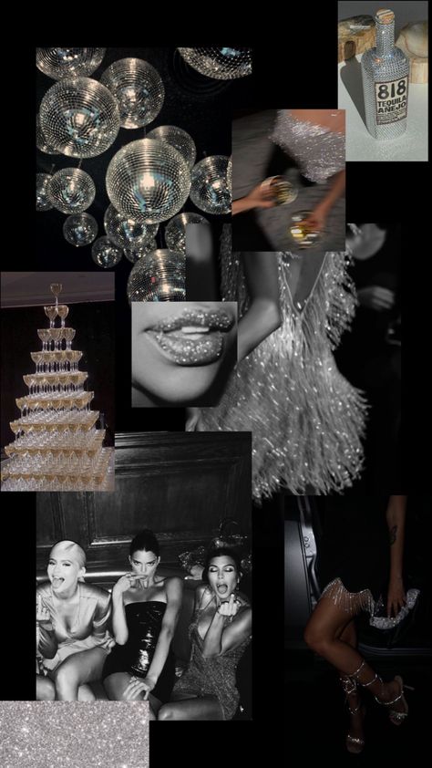 Black Sparkle Party Theme, 18th Birthday Disco Theme, Platinum Themed Party, Vogue Party Decoration, 21st Black And White Theme, Glitz And Glam 21st Birthday Party, All Black Party Aesthetic, Glitz And Glamour Party Decorations, Fancy Birthday Party Aesthetic