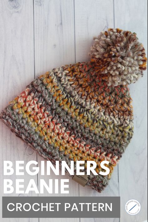 A multicoloured crochet beanie with pompom Quick And Easy Crochet Beanie Patterns Free, Easy Beanie Crochet Pattern Free, Cute Stuff To Crochet, Easy Crochet Hats For Beginners, Easy Crochet Hat Pattern Free, Easy Crochet Beanie, Crochet Hats Free Pattern Ladies, Crochet Cat Beanie, Crocheted Beanies