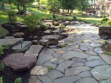 Flagstone On A Slope, River Stone Patio, Natural Stone Patio Ideas, Flat Rock Patio, Flagstone Terrace, Flagstone Stairs, Hill Stairs, Recreational Pond, Natural Stone Patio