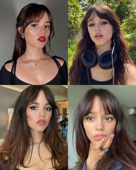 Jenna Ortega Bangs, Brunette Bangs Long Hair, Bangs Long Hair Round Face, Diamond Face Haircut, Brunette Bangs, Bangs Ponytail, Bangs Tutorial, Bangs For Round Face, Hair Inspiration Long