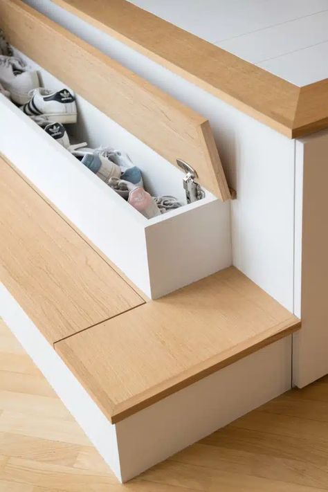 20 Space-Saving Storage Ideas for Cramped Homes - Living in a shoebox Stair Drawers, Hideaway Bed, Studio Apartment Living, French Apartment, Bedroom Items, Diy Stairs, White Cabinetry, Stair Storage, Space Saving Storage