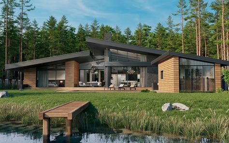 House in the woods on Behance Village House Design Exterior, Modern Mountain Home Exterior, Ormanlık Alan, Mountain Home Exterior, Modern Chalet, Ecological House, A Frame House Plans, Modern Bungalow House, Modern Barn House