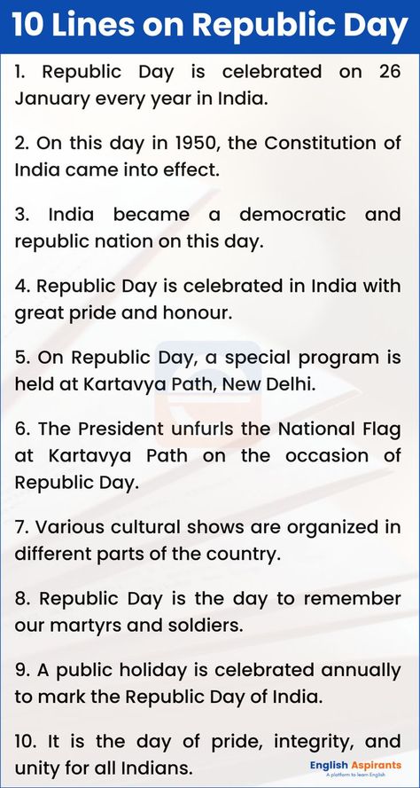 Republic Day Speech in English 10 Lines Republic Day Speech In English, My Teacher Essay, Lines On Republic Day, Essay On Republic Day, Republic Day 26 January, Republic Day Speech, Republic Day Of India, Speech In English, Independence Day Speech