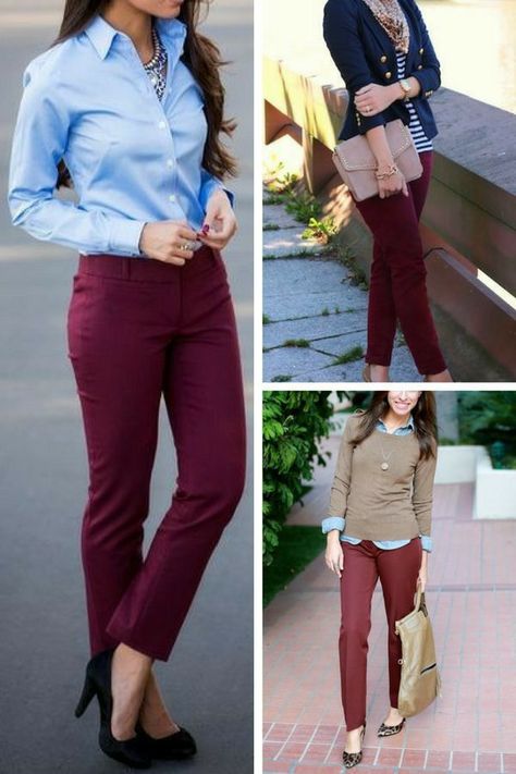 I love the color of these pants!! Outfit Pantalon Vino, Burgundy Pants Outfit, Burgundy Outfits, Maroon Pants Outfit, Pants Outfit Work, Pant Outfits, Looks Kate Middleton, Maroon Pants, Look Boho Chic