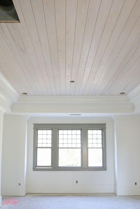 White Wash Ceiling, Wood Ceiling Bedroom, Wood Walls Bedroom, How To Whitewash, Ceiling Paint Colors, Deck Addition, Wood Plank Ceiling, White Wood Floors, Shiplap Ceiling