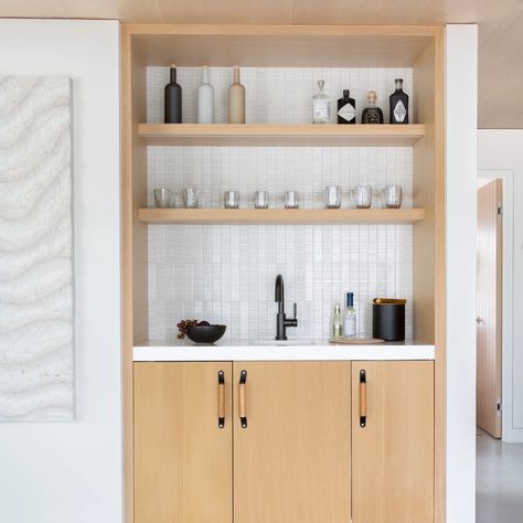 A Modern Coastal Retreat - Inside Design Tile Ann Sacks Savoy, Beach House Bar, Custom Floating Shelves, Ann Sacks Tiles, Stinson Beach, Ann Sacks, Minimalist Bar, Spanish Style Home, Beach Retreat