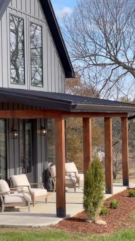 Front porch or back deck?? #frontporchview #backdeckview #cottagestyle #barndominium #shophouse #shouse #modernfarmhouse #cottagelife… | Instagram Covered Deck Front Of House, Front Porch Exposed Rafters, Add A Covered Front Porch, Slant Roof Porch, Open Truss Front Porch, Covered Porch Off Back Of House, Added On Front Porch, Front Porch Barndominium, Shed Style Porch Roof