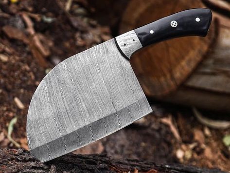 HDK_CUSTOMS 🇺🇸 on Instagram: "Damascus Steel Serbian Meat Cleaver | Hand forged kitchen knife | gift for her | gift for him | | valentine’s day gift | anniversary gift #meatcleaver #meat #cockandcleaver #chefstable" Meat Cleaver Design, Handmade Chef Knife, Meat Cleaver, Knife Patterns, Cleaver Knife, Knife Gifts, Kitchen Knife, Buffalo Leather, Chef Knife