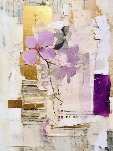 size: 12x9in Art Print: Golden Lilac Collage 10 by RileyB : Paper Collage Wall Art, Rustic Vintage Art, Botanical Collage Art, Floral Mixed Media, Flower Mixed Media Art, Acrylic Collage, Floral Collage Art, Forest Collage Art, Abstract Flowers Art