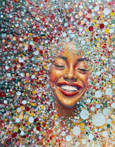 Happy Woman Portrait, Emotional Painting, Woman Artwork, Oil Abstract, Smiling Woman, Colorful Oil Painting, Abstract Woman, Dental Art, Rainbow Painting