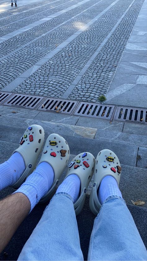 matching beige crocs for couples. couples matching fits ideas. couples costumes. crocs fit aesthetic Matching Crocs For Couples, Couple Crocs, Girl Pdp, Matching Crocs, Outfits With Crocs, Beige Crocs, Couple Shoes Matching, How To Style Crocs, Shoes Matching