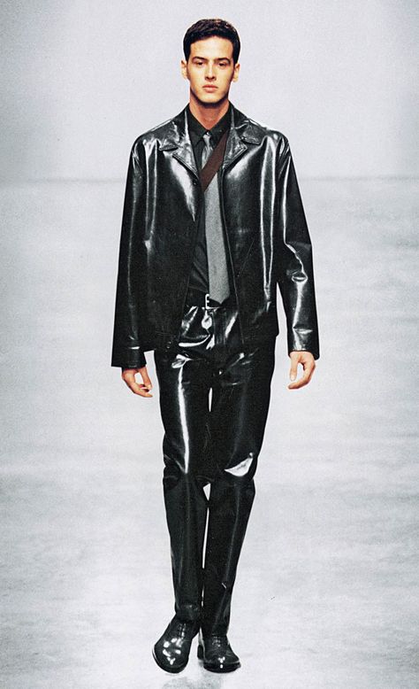 FW 1998 Menswear | PRADA Haute Couture, Couture, Leather Coat Outfit, Prada Menswear, 80s Men, Mens 90s, Mens Leather Pants, Fashion 80s, Run Through