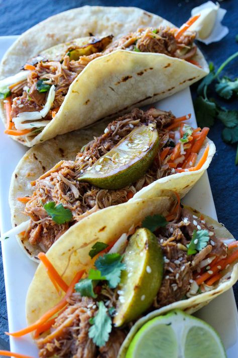 Asian Chicken Tacos, Loaded Tacos, Bbq Shredded Chicken, Bbq Chicken Tacos, Asian Tacos, Dishing Out Health, Chicken Entree, Bbq Sauce Ingredients, Shredded Chicken Tacos