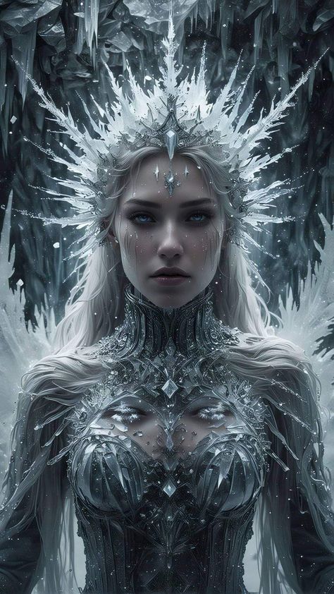 Ice Queen Tattoo, Ice Witch Art, Ice Witch Aesthetic, Winter Queen Aesthetic, Fantasy Ice Queen, Ice Princess Aesthetic, Ice Queen Aesthetic, Ice Queen Art, Whiteout Survival