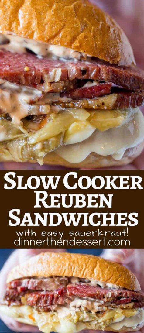 Slow Cooker Reuben Sandwich {So Good!} - Dinner, then Dessert Quick Sauerkraut, Corned Beef Recipes Slow Cooker, Reuben Sandwiches, Corned Beef Sandwich, Dinner Then Dessert, Corned Beef Brisket, Corned Beef Recipes, Thousand Island, Reuben Sandwich