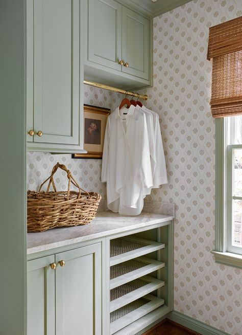 Kitchen, Breakfast & Laundry Rooms — Anne Anderson Home Cottage Laundry Room, Pink Laundry Rooms, Laundry Room/mudroom, Laundry Nook, Laundry Room Ideas Small Space, Laundry Room/mud Room, Green Laundry, Laundry Room Wallpaper, Dream Laundry Room