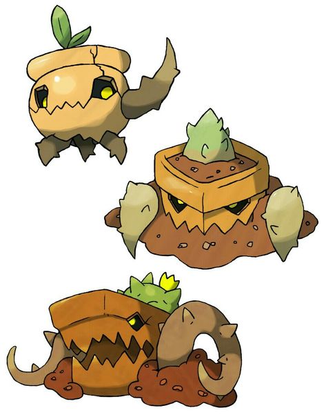 Fakemon: Pottle (Ground/Grass), Trikotta (Ground/Grass) and Terrorcotta (Ground/Grass). Grounded Game, Fakemon Ideas, Idle Game, Pokemon Rpg, Pokemon Fusion Art, Pokemon Regions, Oc Pokemon, Pokemon Pokedex, Type Pokemon