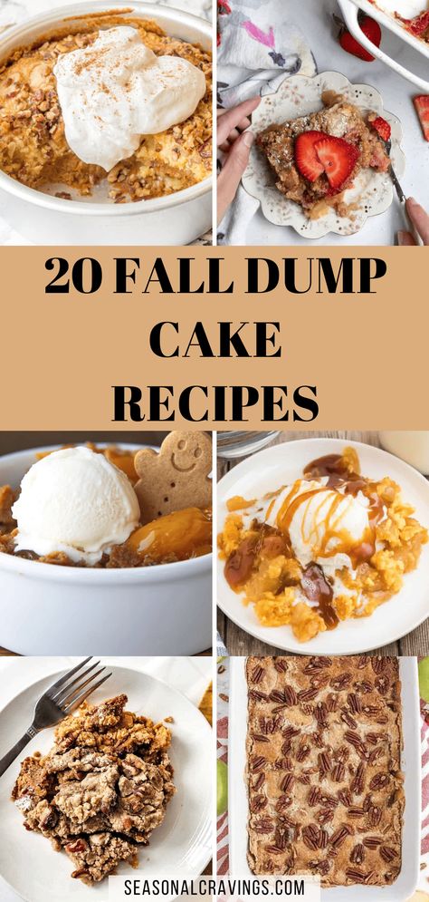 Whether making desserts for a family get-together or a major Thanksgiving celebration, dump cakes make a great addition to your holiday menu. They offer the cozy comfort flavor of a heartwarming dessert to cap off any meal. And the best part is you could make them with a cake mix, a time-saving shortcut in the kitchen! Check out these fall dump cake recipes. Easy Cakes For Thanksgiving, Cinnamon Roll Dump Cake Recipes, Apple Cider Dump Cake, Eggnog Dump Cake, The Best Pumpkin Dump Cake, Apple Dump Cake With Box Cake, Dump Cake Recipes Pumpkin, Box Mix Cake Recipes, Dump Cake For Thanksgiving