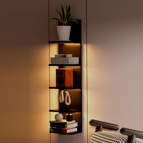 PRICES MAY VARY. FLOATING WALL SHELVES WITH LIGHT: Our contemporary design wooden lack shelves will enhance any wall, with three colorways to add character and warmth to any modern or traditional interior, creating a stunning display! QUALITY MATERIALS: 5 tier wall shelves are made from high quality wood and each shelf is treated with a protective sealant to prevent warping or damage, making the overall construction extremely durable and stable. FUNCTIONAL STORAGE SHELVES: Perfect for vanity, fr Lights For Dark Living Room, Wall Shelves Unit, Brown Wood Shelves, Dark Wood Wall Shelf, Corner Floating Shelves Office, Aesthetic Bedroom Storage, Floating Shelf Lighting, Shelves In Bedroom Wall Shelves, Bedroom Shelving Ideas Wall Shelves