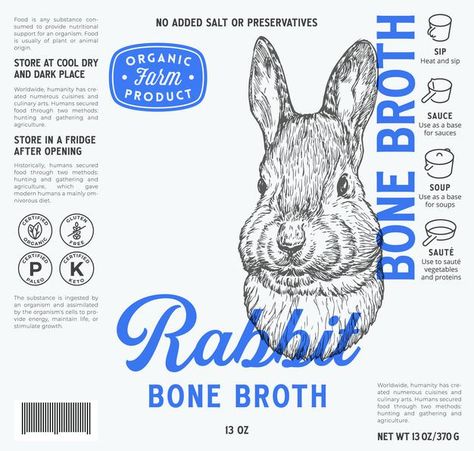 Broth Packaging Design, Bone Broth Packaging Design, Bone Broth Packaging, Croquette Packaging, Science Packaging, Food Label Sticker, Packaging Soap, Rabbit Meat, Frozen Food Packaging