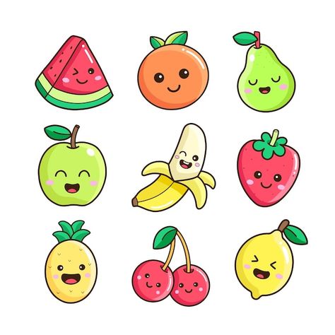 Fruits Doodle Drawings, Cute Veggie Drawings, Kawaii Fruit Stickers, Doodle Art Fruit, Kawaii Fruits Illustration, Cute Drawings Of Fruit, Fruit Cute Drawing, Kawaii Fruit Drawing, Cute Fruit Art