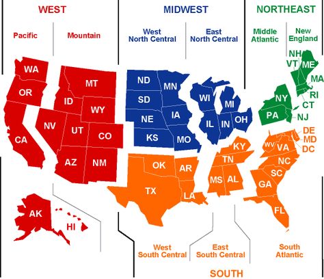 I like this version of a U.S. regions map - divided into 4 overall regions, then sub-divided into smaller regions.  Map by the U.S. Census Bureau. Us Regions, Mental Map, 4th Grade Social Studies, Best Health Insurance, States And Capitals, Teaching Geography, 5th Grade Social Studies, Homeschool Geography, Homeschool Social Studies