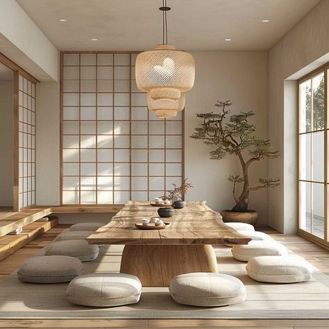 Asian Inspired Dining Room, Asian Minimalist Home, Dining Room Japanese, Zen Dining Room, Dining Room Furniture Ideas, Zen Style Interior, Japanese Dining Room, Japanese Dining Table, Zen Furniture