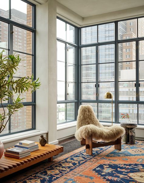 Bedroom in Tribeca Loft Residence by ABD STUDIO on 1stDibs Bedroom Rug Ideas, Minimalist Loft, Cozy Sitting Area, Tribeca Loft, Dining Room Contemporary, Mid Century Modern Bedroom, Dining Room Seating, Round Sofa, Rug Ideas