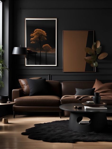 Dark Brown Living Room Ideas, Brown Leather Sofa Living Room Ideas, Luxury Lounge Interior, Chocolate Brown Living Room, Moody Lounge Room, Dark Brown Room, Brown And Black Living Room, Modern Masculine Living Room, Dark Brown Living Room