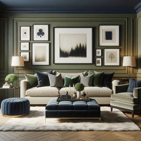 olive green and navy blue living room Olive And Teal Living Room, Navy And Olive Bedroom, Blue And Green Room Ideas, Green Navy Living Room, Navy And Olive Living Room, Olive Green Room Ideas, Olive Green Decor Living Room, Navy And Green Living Room, Olive Green Living Room Color Scheme