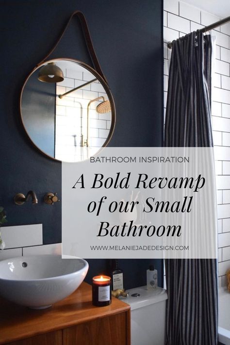 We have lived with our plain white shower room for 4 years now and it's time to get it decorated. Read my blog about our plans for the bathroom. #melaniejadedesign #bathroom #bathroominspiration Small Shower Room Paint Ideas, Dark Navy Small Bathroom, Dark And White Bathroom, Dark Navy Bathroom Walls, Dark Blue Guest Bathroom, Dark Bathroom Walls Paint, Small Dramatic Bathroom, Dark Paint Small Bathroom, Dark Bathroom Wall Color