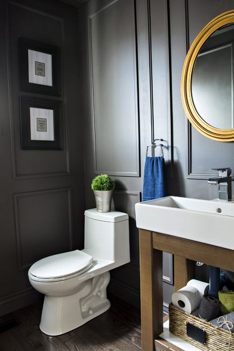 Before & After: A Blah Powder Room Gets a Moody Makeover  - ELLEDecor.com Organisation, Modern Powder Room, Vanity Diy, Moody Modern, Diy Makeup Vanity, Makeup Organization Diy, Vanity Organization, Diy Makeup, Makeup Vanity