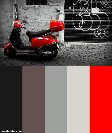 Red+Scooter+Color+Scheme Red Color Pallets, Interior Paint Schemes, Charcoal Interior, Red Packaging, Office Concept, Pub Interior, Icon Set Design, School Interior, Interior Color Schemes