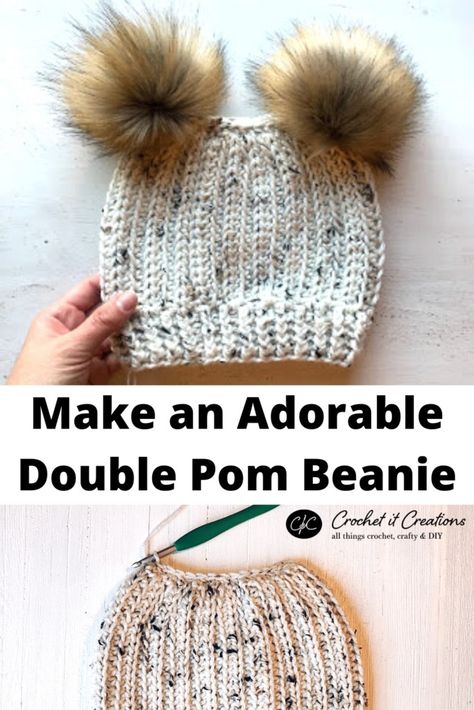 How to Make a Double Pom Mainstream Beanie - Crochet It Creations Crochet Beanie With 2 Pom Poms, Double Pompom Crochet Hat, Beanie With Two Pom Poms, 2 Pom Pom Beanie, Crochet Hats With Pom Poms, Two Pom Pom Beanie, Crochet Double Pom Pom Hat Adult, Crochet Double Pom Pom Hat Free Pattern, Crochet Mommy And Me Hats