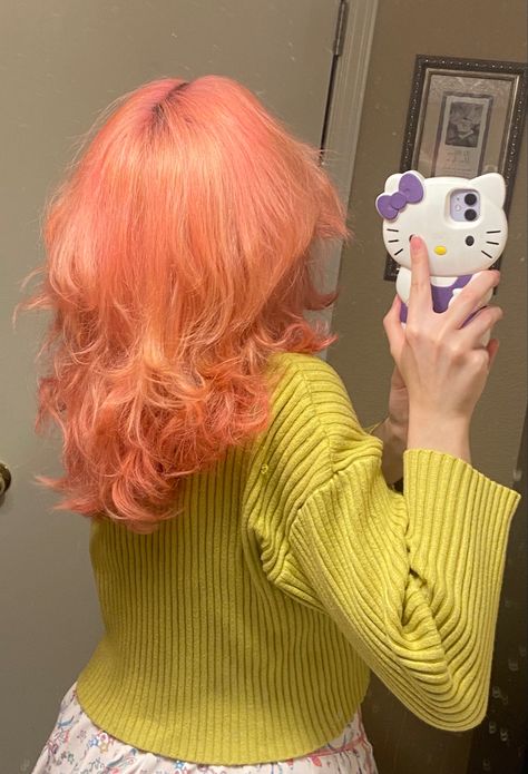 Salmon Pink Hair Color, Coral Colored Hair, Pastel Orange Hair Peach, Sunset Pink Hair, Peach Dyed Hair, Salmon Hair Color Peach, Orangey Pink Hair, Pastel Pink And Orange Hair, Coral Pink Hair Color